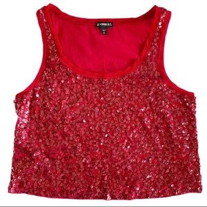Express Ruby Red Metallic Flare Sequin Y2K Vibrant Fun Cropped Tank Blouse Small